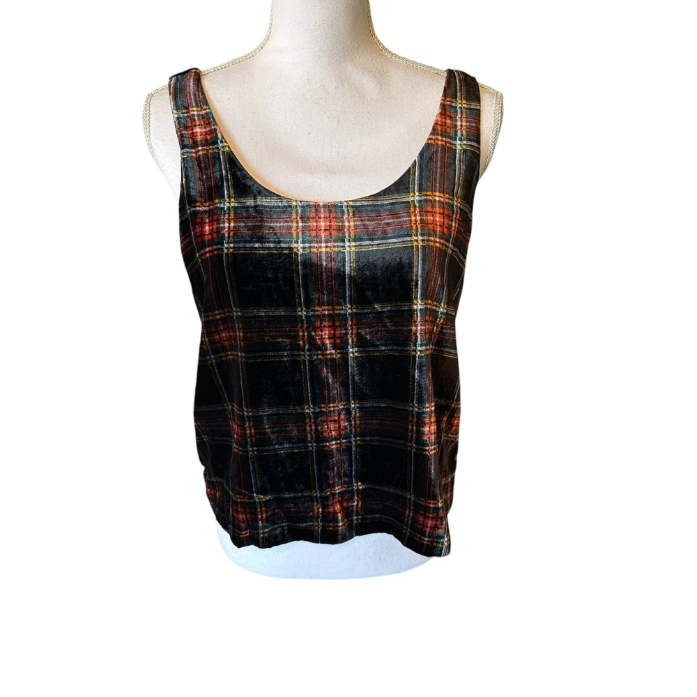 Women's J.Crew Tank Top, 6P, Black and Red Plaid Velvet Keyhole NWT - Picture 1 of 10